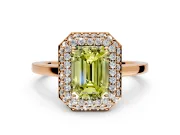 Halo Engagement Ring Setting for Fancy Yellow Emerald Cut Center with Plain Tapered Band and Prong Head in Rose Gold