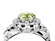 Halo Engagement Ring Setting for Fancy Yellow Oval Center with Open Scroll Shoulders and Prong Head in White Gold