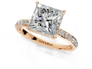 Hidden Halo Engagement Ring Setting for Princess Cut Center with Pave Band and Prong Head in Rose Gold