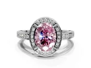 Halo Engagement Ring Setting for Fancy Pink Oval Center with Framed Halo, Pave Band and Prong Head in White Gold
