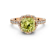 Halo Engagement Ring Setting for Fancy Yellow Cushion Cut Center with Openwork Halo, Pave Band and Prong Head in Rose Gold