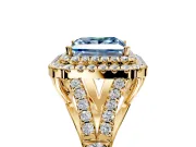 Double Halo Engagement Ring Setting for Fancy Blue Princess Cut Center with Narrow Pave Split Shank and Prong Head in Yellow Gold