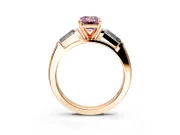 3 Stone Engagement Ring Setting for Fancy Pink Emerald Cut Center with Tapered Baguettes, Plain Band and Prong Head in Rose Gold