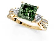 3 Stone Engagement Ring Setting for Fancy Green Princess Cut Center with Pave Split Shank and Prong Head in Yellow Gold