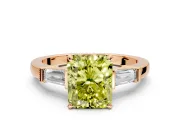 3 Stone Engagement Ring Setting for Fancy Yellow Radiant Cut Center with Channel Baguette Accents and Prong Head in Rose Gold