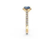 Halo Engagement Ring Setting for Fancy Blue Cushion Cut Center with Full Pave Band and Prong Head in Yellow Gold