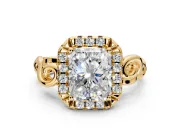 Halo Engagement Ring Setting for Radiant Cut Center with Open Scroll Shoulders and Prong Head in Yellow Gold
