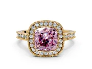 Halo Engagement Ring Setting for Fancy Pink Cushion Cut Center with Milgrain Pave Band and Bezel Head in Yellow Gold