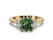 3 Stone Engagement Ring Setting for Fancy Green Cushion Cut Center with Wide Plain Band and Prong Head in Yellow Gold