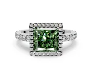 Accent Halo Engagement Ring Setting for Fancy Green Princess Cut Center with Full-Length Pave Band and Prong Head in White Gold