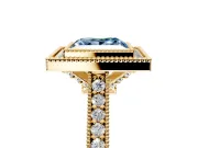 Halo Engagement Ring Setting for Fancy Blue Princess Cut Center with Milgrain Pave Band and Bezel Head in Yellow Gold