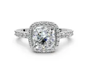 Halo Engagement Ring Setting for Cushion Cut Center with Inner Milgrain Border and Prong Head in Platinum
