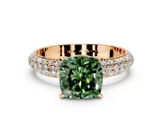 Solitaire Engagement Ring Setting for Fancy Green Cushion Cut Center with Domed Multi-Row Pave Band and Prong Head in Rose Gold