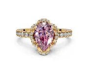Halo Engagement Ring Setting for Fancy Pink Pear-Shaped Center with Openwork Halo, Pave Band and Prong Head in Yellow Gold