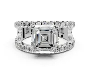 Solitaire Engagement Ring Setting for Asscher Cut Center with Wide-Open Split Shank and Prong Head in White Gold