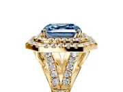 Double Halo Engagement Ring Setting for Fancy Blue Asscher Cut Center with Narrow Pave Split Shank and Prong Head in Yellow Gold