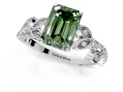 Leaf Motif Engagement Ring Setting for Fancy Green Emerald Cut Center with Pave Band and Prong Head in Sterling Silver