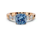 5 Stone Engagement Ring Setting for Fancy Blue Cushion Cut Center with Plain Band and Prong Head in Rose Gold