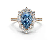 Halo Engagement Ring Setting for Fancy Blue Pear-Shaped Center with Single-Row Pave, Open Basket and Prong Head in Rose Gold