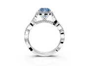 Halo Engagement Ring Setting for Fancy Blue Cushion Cut Center with Twist Band and Prong Head in White Gold