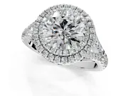 Double Halo Engagement Ring Setting for Round Cut Center with Narrow Pave Split Shank and Prong Head in Sterling Silver