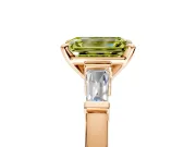 3 Stone Engagement Ring Setting for Fancy Yellow Emerald Cut Center with Channel Baguette Accents and Prong Head in Rose Gold