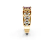 Pave Engagement Ring Setting for Fancy Pink Emerald Cut Center with Curved Accent Rows, Openwork and Prong Head in Yellow Gold