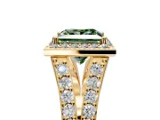 Halo Engagement Ring Setting for Fancy Green Princess Cut Center with Narrow Pave Split Shank and Prong Head in Yellow Gold