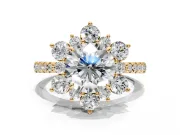 Floral Halo Engagement Ring Setting for Round Cut Center with Pave Accents and Prong Head in Yellow Gold