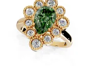 Cluster Halo Engagement Ring Setting for Fancy Green Pear-Shaped Center with Milgrain Bezel Accents and Prong Head in Yellow Gold