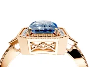 Halo Engagement Ring Setting for Fancy Blue Radiant Cut Center with Milgrain Rim, Pave Band and Prong Head in Rose Gold