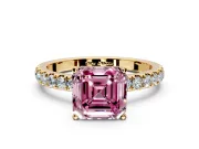 Open Basket Engagement Ring Setting for Fancy Pink Asscher Cut Center with Pave Band and Prong Head in Yellow Gold
