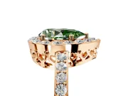 Halo Engagement Ring Setting for Fancy Green Pear-Shaped Center with Heart-Shaped Openwork, Pave Band and Prong Head in Rose Gold
