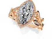 Halo Engagement Ring Setting for Marquise Center with Leaf Motif Split Shank and Prong Head in Rose Gold