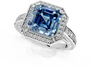 Halo Engagement Ring Setting for Fancy Blue Asscher Cut Center with Framed Halo, Pave Band and Prong Head in White Gold