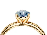 Solitaire Engagement Ring Setting for Fancy Blue Pear-Shaped Center with Scrollwork Band and Prong Head in Yellow Gold