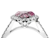 Halo Engagement Ring Setting for Fancy Pink Heart-Shaped Center with Raised Halo, Pave Band and Prong Head in White Gold
