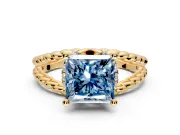 Halo Engagement Ring Setting for Fancy Blue Princess Cut Center with Rope Twist Split Shank and Prong Head in Yellow Gold