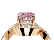 Halo Engagement Ring Setting for Fancy Pink Cushion Cut Center with Pave Infinity Twist Band and Prong Head in Rose Gold