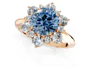 Small-Accent Cluster Halo Engagement Ring Setting for Fancy Blue Round Cut Center with Plain Band and Prong Head in Rose Gold