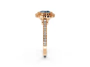 Halo Engagement Ring Setting for Fancy Blue Round Cut Center with Milgrain Frame, Pave Band and Prong Head in Rose Gold