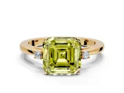 3 Stone Engagement Ring Setting for Fancy Yellow Asscher Cut Center with Low-Set Round Cut Accents and Prong Head in Yellow Gold