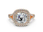 Double Halo Engagement Ring Setting for Cushion Cut Center with Narrow Pave Split Shank and Prong Head in Rose Gold