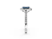 Milgrain Floral Halo Engagement Ring Setting for Fancy Blue Emerald Cut Center with Pave Band and Prong Head in White Gold