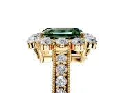 Halo Engagement Ring Setting for Fancy Green Emerald Cut Center with Milgrain Channel Band and Prong Head in Yellow Gold