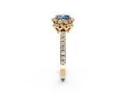 Halo Engagement Ring Setting for Fancy Blue Cushion Cut Center with Openwork Halo, Pave Band and Prong Head in Yellow Gold