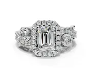 Milgrain Halo Engagement Ring Setting for Emerald Cut Center with Shoulder Bezels and Prong Head in Platinum