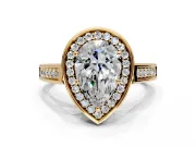 Halo Engagement Ring Setting for Pear-Shaped Center with Outer Bezel Rim, Pave Band and Prong Head in Yellow Gold
