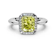 Halo Engagement Ring Setting for Fancy Yellow Radiant Cut Center with Tapered Plain Band and Prong Head in White Gold