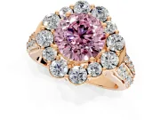 Large Accent Halo Engagement Ring Setting for Fancy Pink Round Cut Center with Pave Split Shank and Prong Head in Rose Gold